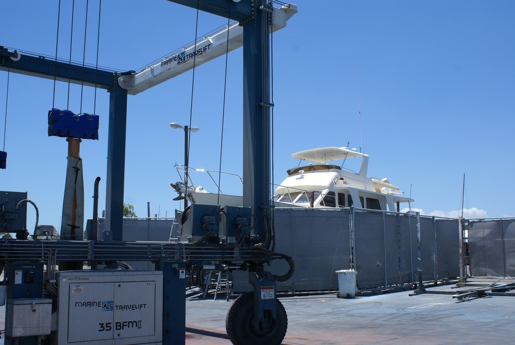 The club’s 35-tonne Travel Lift and hard stand area - up to 12 substantial vessels at a time can occupy the area. - RQYS © Bob Wonders